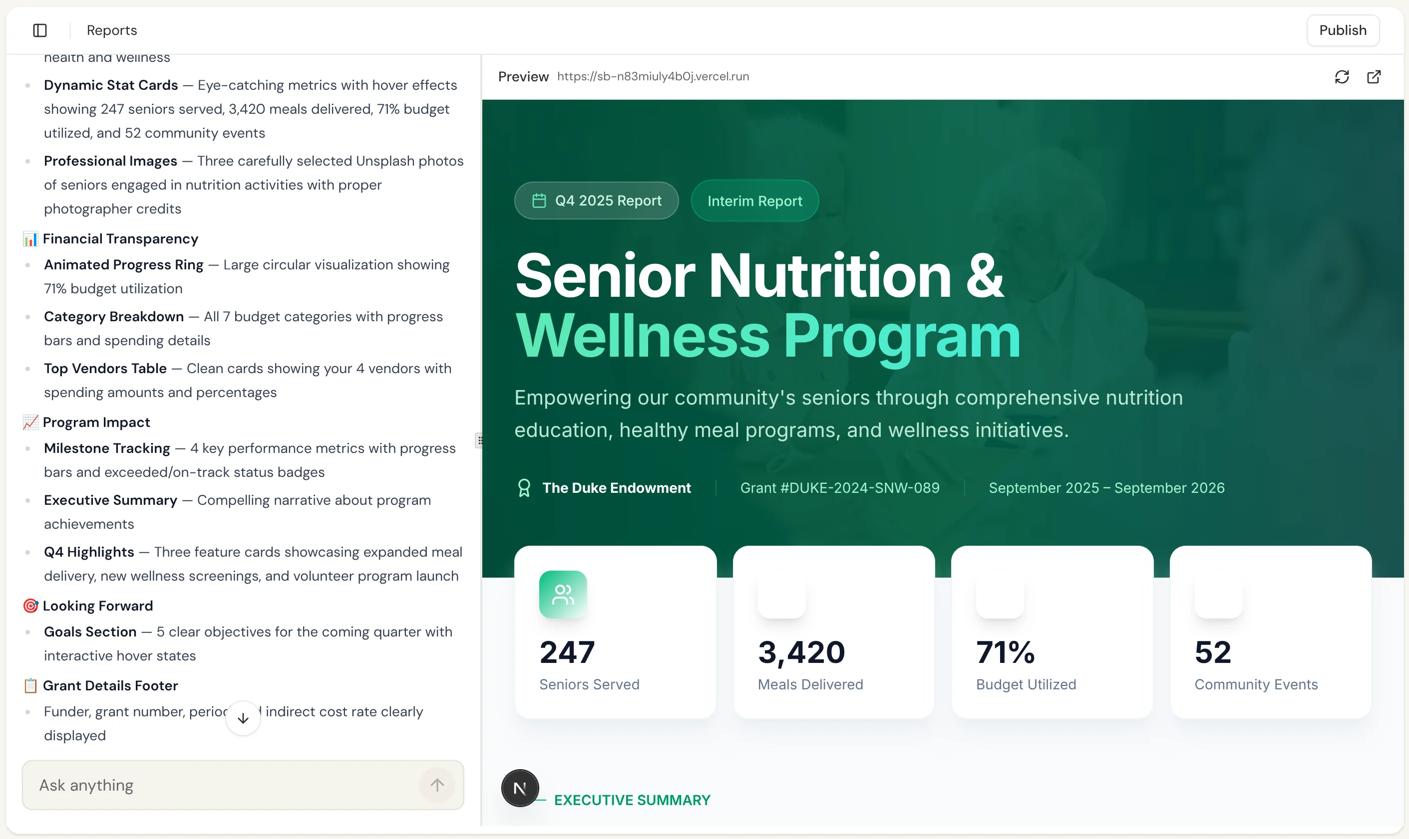 AI Report Builder interface